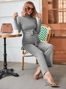 SHEIN Maternidad Set Pantalones con camiseta unicolor de cuello cisne - Gris - Ver 4