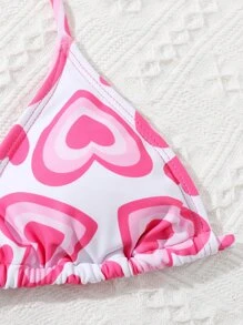 SHEIN Conjunto de bikini cruzado envolvente con estampado de corazones y conjunto de cubridor para niña preadolescente, para playa de verano - Multicolor - Ver 3