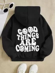 SHEIN Tween Girl Slogan & Cartoon Face Print Drop Shoulder Sweatshirt - Black - View 1