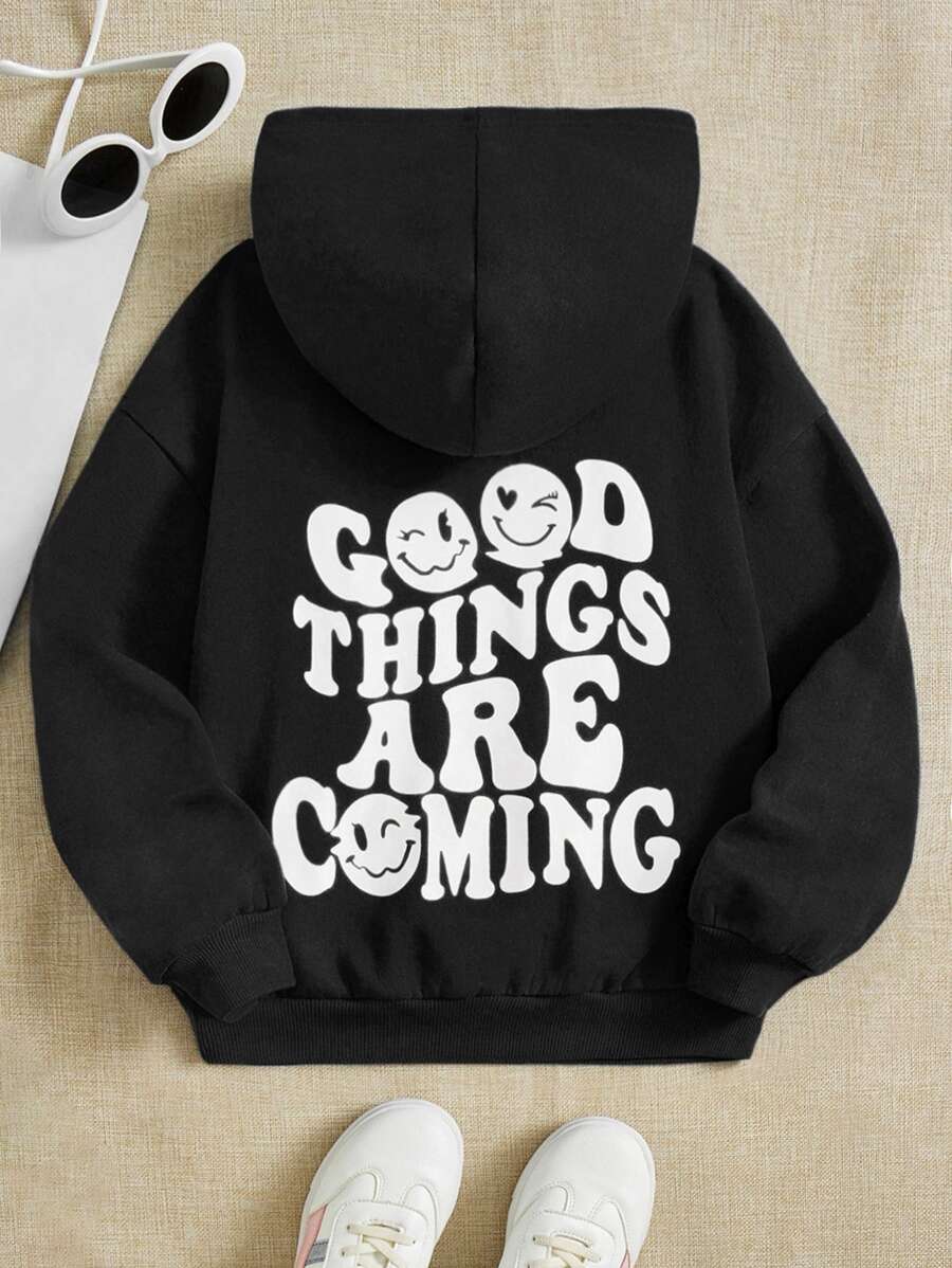 SHEIN Tween Girl Slogan & Cartoon Face Print Drop Shoulder Sweatshirt - Black - View 1