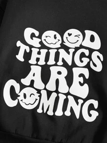 SHEIN Tween Girl Slogan & Cartoon Face Print Drop Shoulder Sweatshirt - Black - View 4