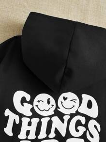 SHEIN Tween Girl Slogan & Cartoon Face Print Drop Shoulder Sweatshirt - Black - View 5