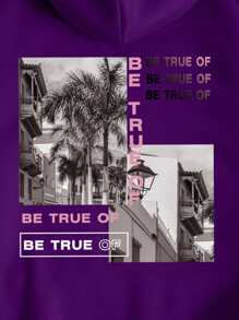 INAWLY 图片和字母图案保暖内衬抽绳连帽衫 BE TRUE OF，长袖上衣 - 紫色 - 查看 4