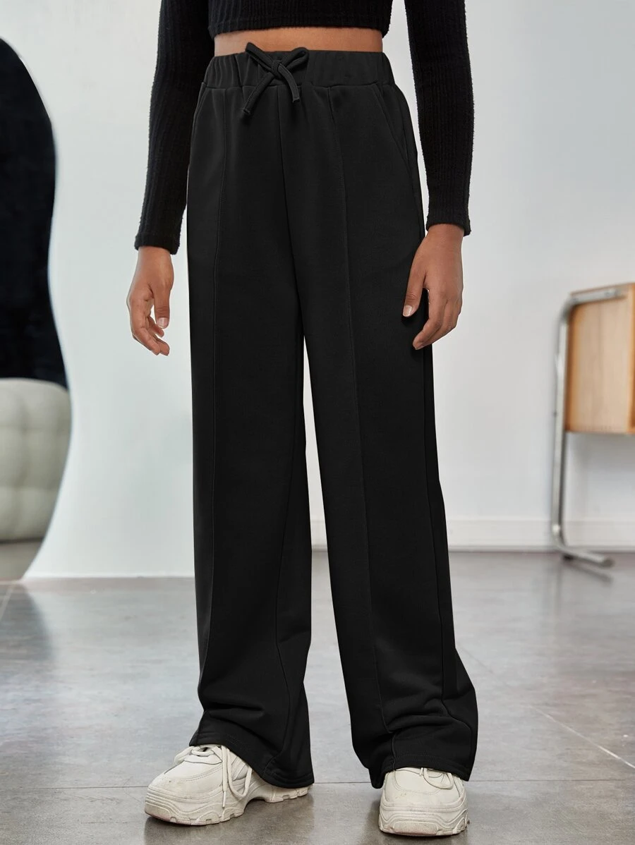 SHEIN Tween Girl Tie Waist Seam Front Wide Leg Sweatpants - Black - View 1