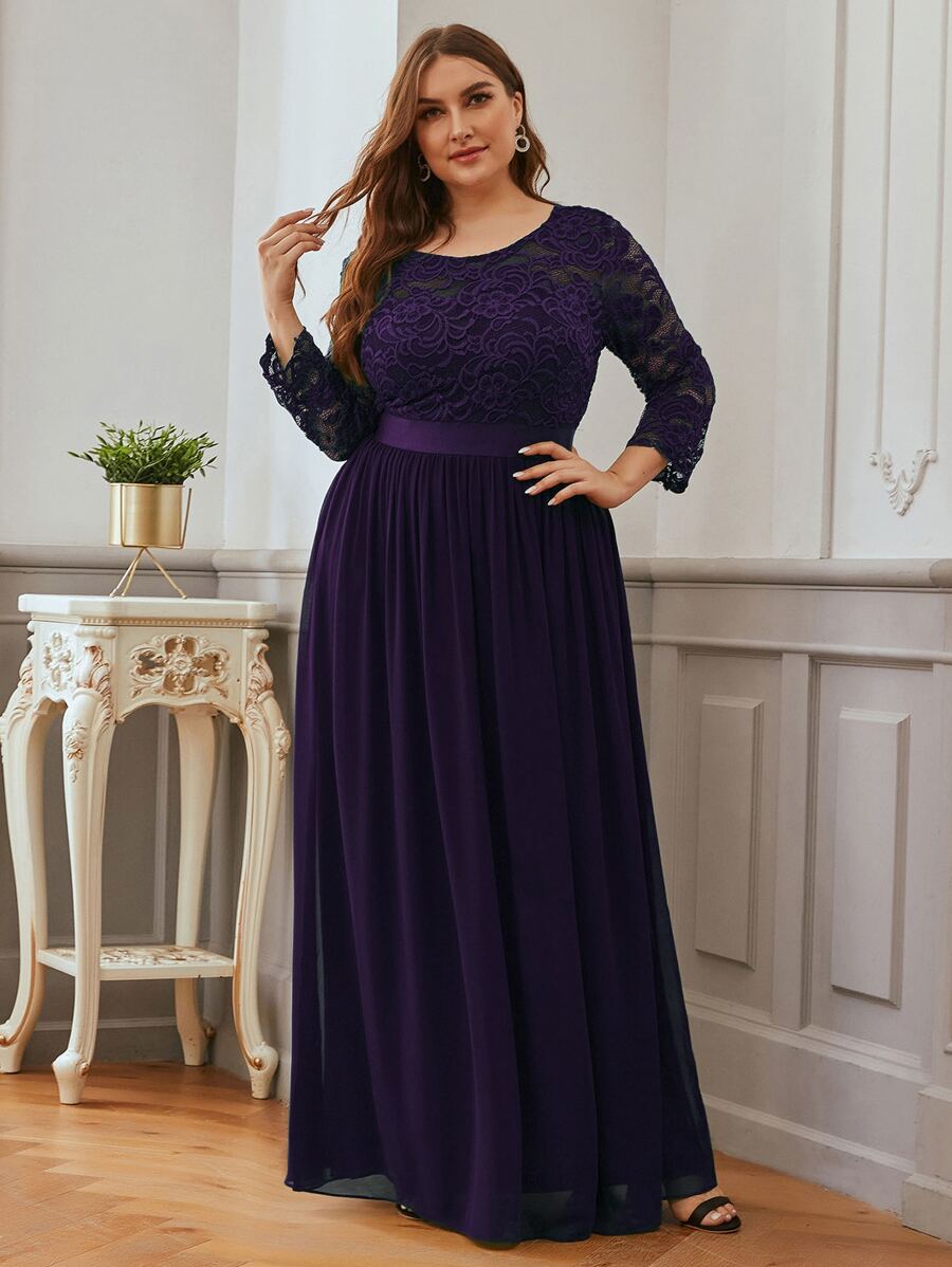 Plus Low Back Lace Bodice Chiffon Prom Dress