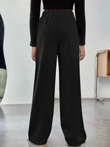 SHEIN Tween Girl Tie Waist Seam Front Wide Leg Sweatpants - Black - View 2