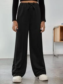 SHEIN Tween Girl Tie Waist Seam Front Wide Leg Sweatpants - Black - View 3