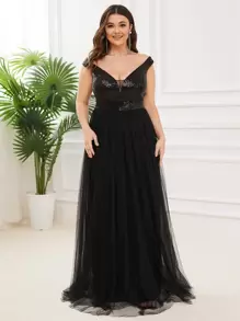 EVERPRETTY Hơn Tương phản Kim sa Thêm dài Lưới - màu đen - Xem 3