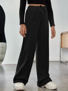 SHEIN Tween Girl Tie Waist Seam Front Wide Leg Sweatpants - Black - View 5