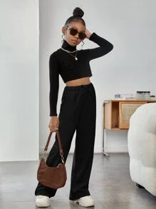 SHEIN Tween Girl Tie Waist Seam Front Wide Leg Sweatpants - Black - View 6