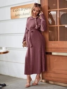 SHEIN Maternity Mock Neck Button Detail Belted Dress - Burgundy - View 3