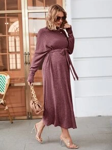 SHEIN Maternity Mock Neck Button Detail Belted Dress - Burgundy - View 4