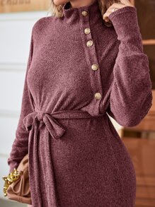 SHEIN Maternity Mock Neck Button Detail Belted Dress - Burgundy - View 5