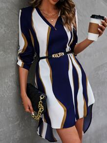 SHEIN Clasi Vestido de color combinado de manga enrollada bajo irregular sin cinturón - Multicolor - Ver 1