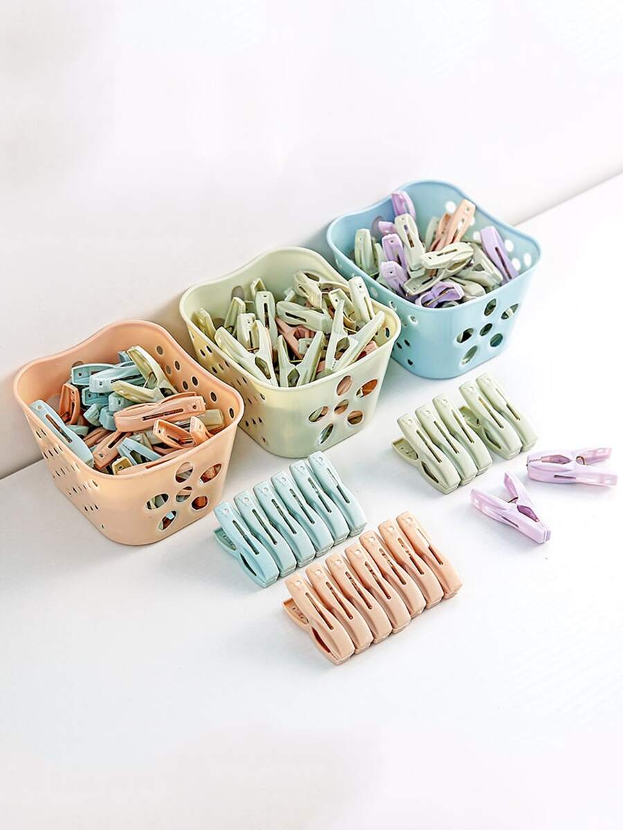 30 cái kẹp quần áo màu ngẫu nhiên chống gió có giỏ - Nhiều màu - Xem 1