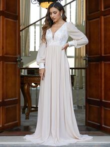 Missord Plunge Neck Embroidery Panel Lantern Sleeve Dress - Apricot - View 1