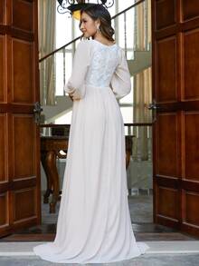 Missord Plunge Neck Embroidery Panel Lantern Sleeve Dress - Apricot - View 2