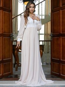 Missord Plunge Neck Embroidery Panel Lantern Sleeve Dress - Apricot - View 3