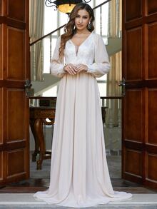 Missord Plunge Neck Embroidery Panel Lantern Sleeve Dress - Apricot - View 4