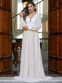 Missord Plunge Neck Embroidery Panel Lantern Sleeve Dress - Apricot - View 5