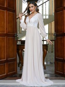 Missord Plunge Neck Embroidery Panel Lantern Sleeve Dress - Apricot - View 6