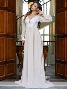 Missord Plunge Neck Embroidery Panel Lantern Sleeve Dress - Apricot - View 7