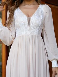 Missord Plunge Neck Embroidery Panel Lantern Sleeve Dress - Apricot - View 8