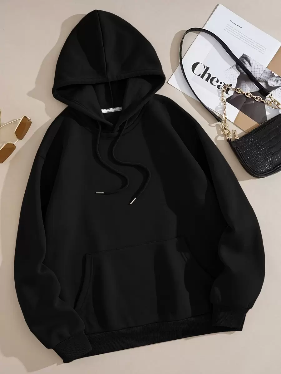 INAWLY 纯色袋鼠口袋保暖内衬抽绳连帽衫，长袖上衣 - 黑色 - 查看 1