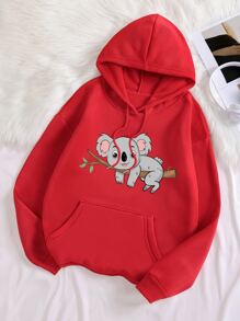 SHEIN EZwear Koala Print Kangaroo Pocket Drawstring Thermal Hoodie - Red - View 1