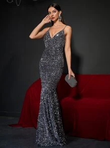 Backless Mermaid Hem Sequin Prom Dress - Grey - View 5