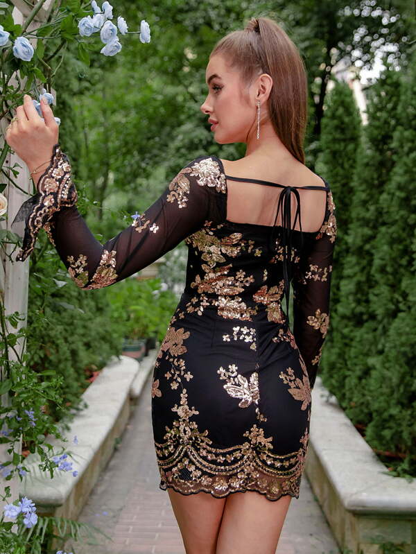 D&M Square Neck Contrast Mesh Tie Back Floral Pattern Sequin Bodycon