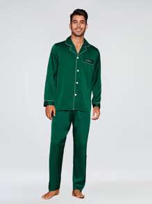 Men Contrast Piping Letter Embroidery PJ Set - Green - View 1