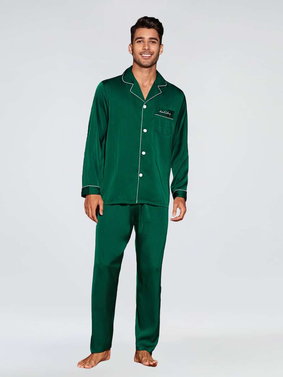 Men Contrast Piping Letter Embroidery PJ Set - Green - View 1