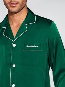 Men Contrast Piping Letter Embroidery PJ Set - Green - View 3