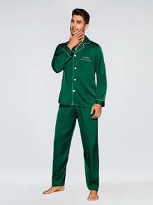 Men Contrast Piping Letter Embroidery PJ Set - Green - View 4