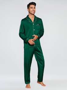 Men Contrast Piping Letter Embroidery PJ Set - Green - View 5