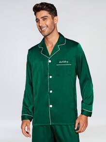 Men Contrast Piping Letter Embroidery PJ Set - Green - View 6