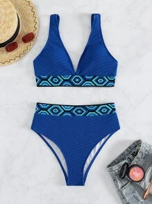Bộ bikini đi biển mùa hè lưng cao in Geo - Màu xanh lam - Xem 3