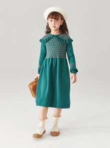 Niñas Vestido de punto con patrón de dibujo ribete con fruncido