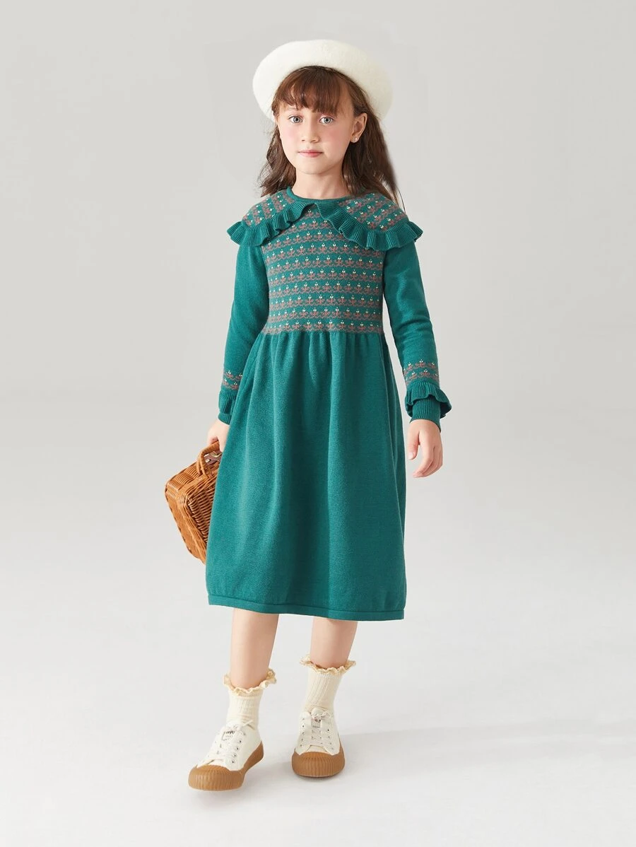 Niñas Vestido de punto con patrón de dibujo ribete con fruncido