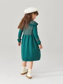 Niñas Vestido de punto con patrón de dibujo ribete con fruncido