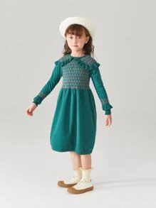 Niñas Vestido de punto con patrón de dibujo ribete con fruncido
