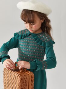Niñas Vestido de punto con patrón de dibujo ribete con fruncido