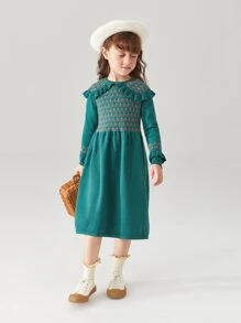 Niñas Vestido de punto con patrón de dibujo ribete con fruncido