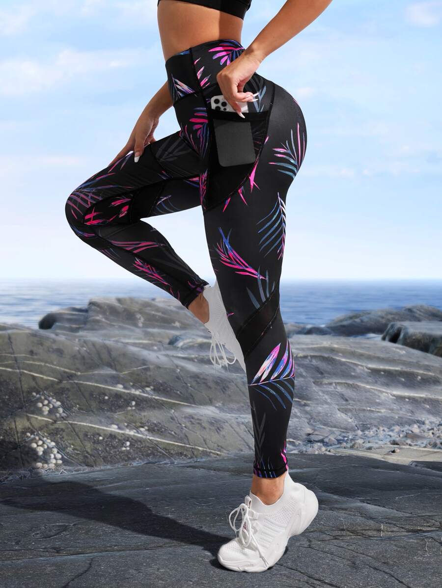 Yoga Floral Tropical Print Tummy Control Sports Leggings With Phone Pocket - Black - View 1