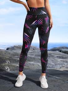 Yoga Floral Tropical Print Tummy Control Sports Leggings With Phone Pocket - Black - View 3