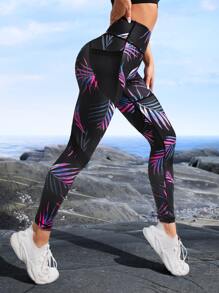 Yoga Floral Tropical Print Tummy Control Sports Leggings With Phone Pocket - Black - View 4