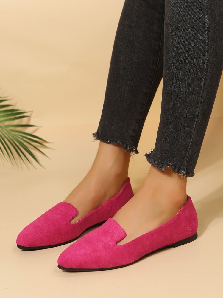 Hot Pink Fashionable Flat Loafers For Women, Faux Suede Slip-on Flats - Hot Pink - View 3