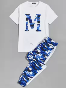 Manfinity VCAY Men Letter Graphic Top & Camo Joggers Set - Blue and White - View 1