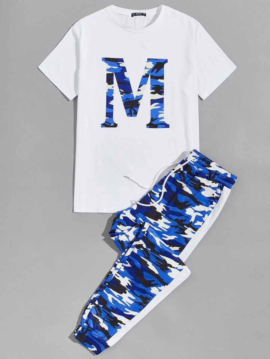 Manfinity VCAY Men Letter Graphic Top & Camo Joggers Set - Blue and White - View 1
